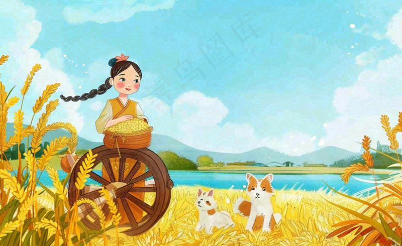 秋天秋分丰收节农民稻田稻穗粮食插画背景(1408x864)