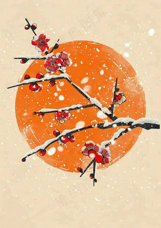 冬天梅花红圆形背景纸张纹理古风国风节日小年插画背景