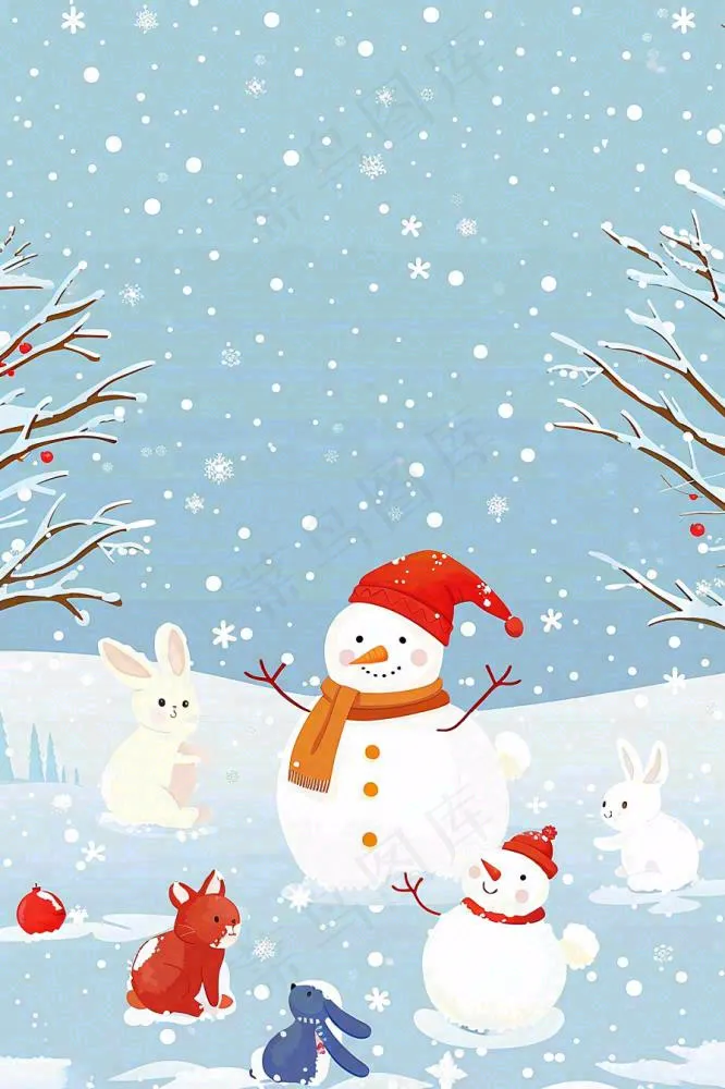 冬天雪地堆雪人动物白雪下雪立冬小雪大雪冬至卡通插画背景(896x1344)