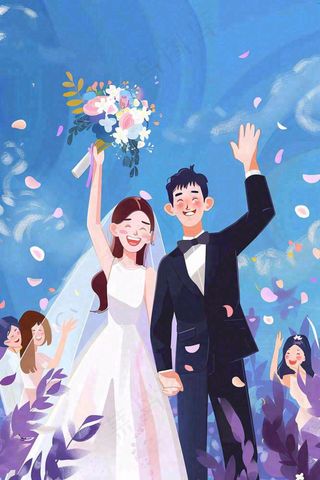 婚礼典礼的夫妻恋人唯美浪漫温馨七夕情人节卡通插画背景