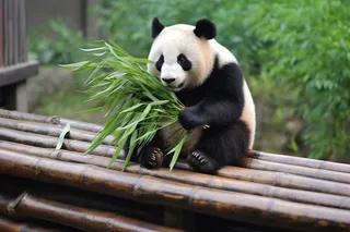 大熊猫吃竹子竹叶国宝保护动物摄影图