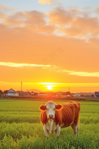夕阳晚霞草场的牛放牛放牧摄影图