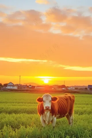 夕阳晚霞草场的牛放牛放牧摄影图