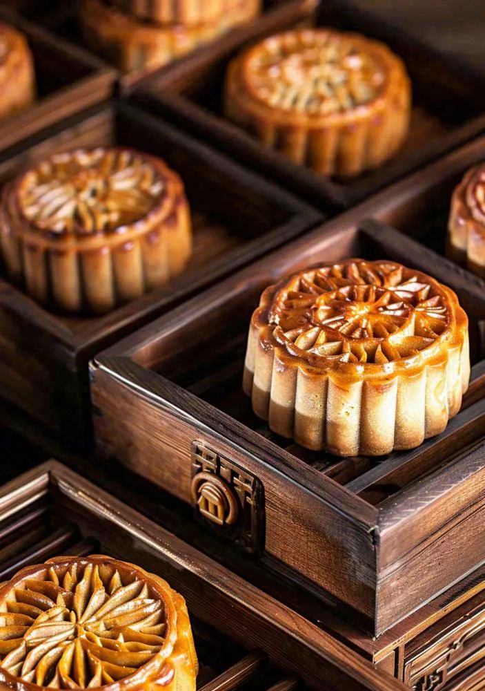 中国传统美食月饼中秋木质礼盒精美礼品摄影图(912x1296)
