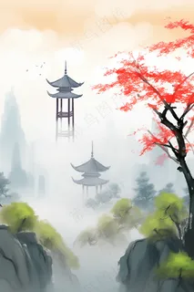 山峰凉亭红花树枝国画水墨画素材背景