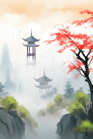山峰凉亭红花树枝国画水墨画素材背景