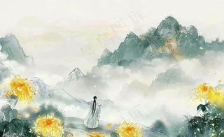 秋天古风水墨画山川菊花古风人物端午清明中秋重阳插画背景