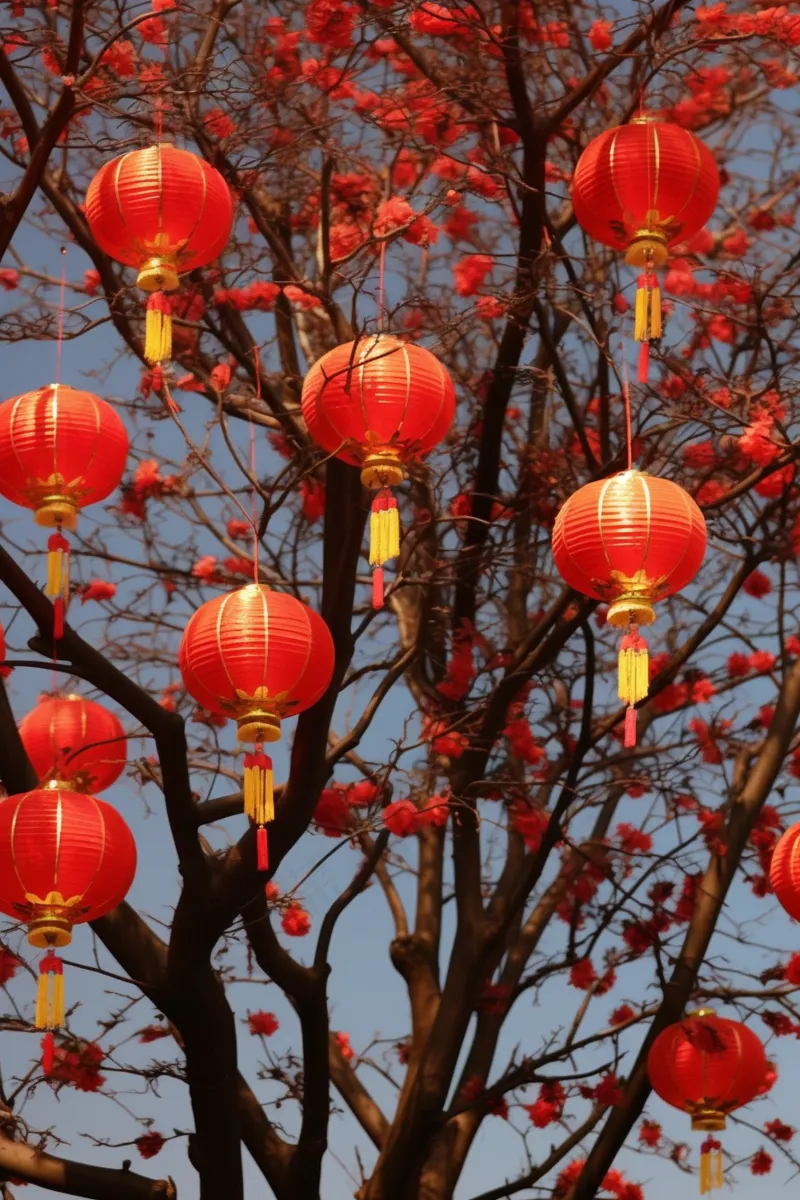 新年树梢挂着红灯笼喜庆摄影图(2688x4032)