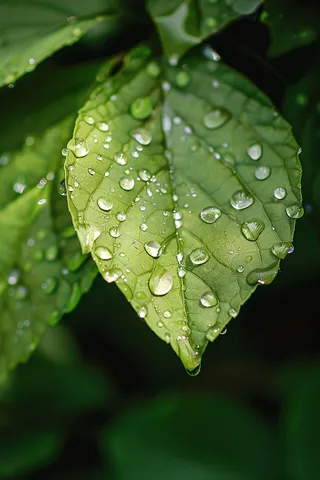 雨天绿叶上的水滴摄影图