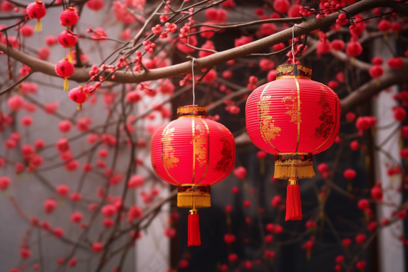春节梅花树上挂红灯笼红色摄影图(4032x2688)