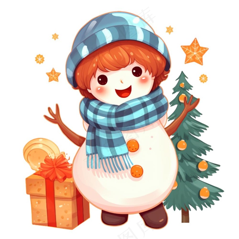 圣诞雪人蓝色橘色帽子围巾卡通插画免抠