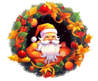 圣诞卡通手绘圣诞老人花环插画免抠