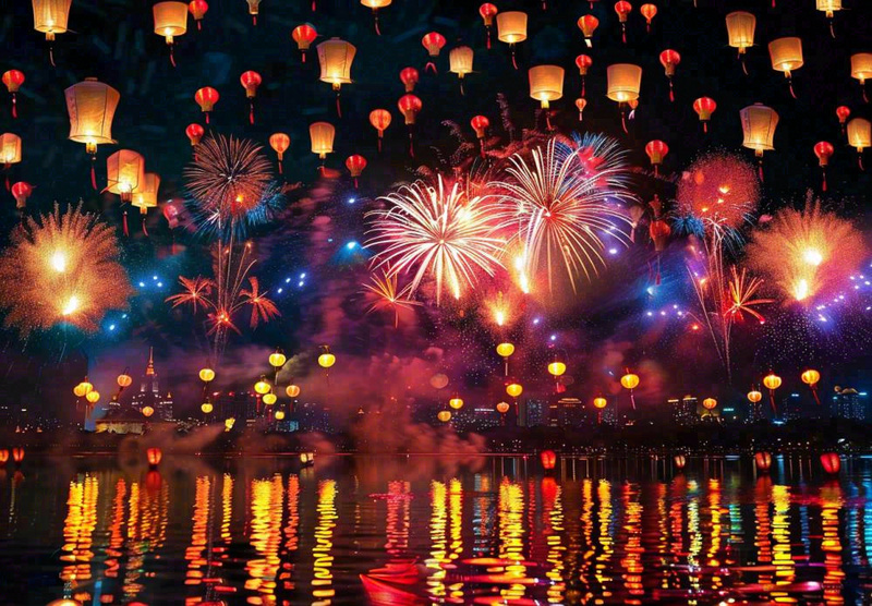 节日庆祝江上烟花活动灯笼背景
