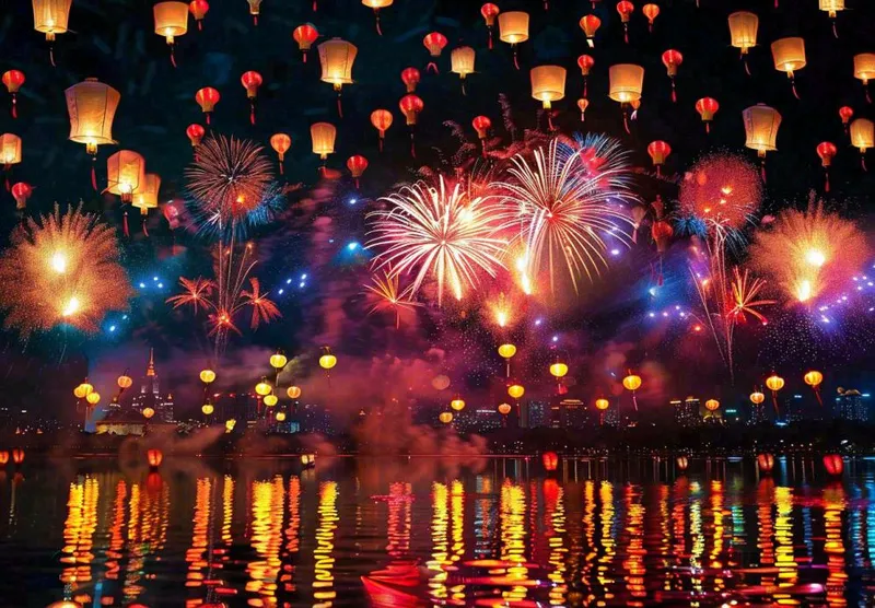 节日庆祝江上烟花活动灯笼背景(1312x912)