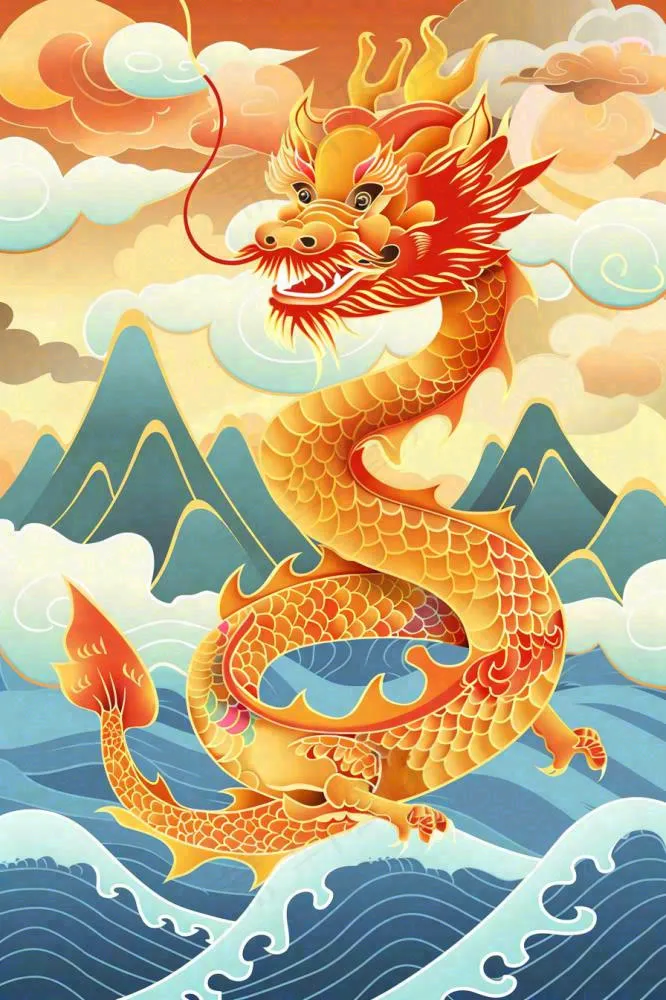 国潮风龙山水祥云龙抬头插画背景(896x1344)