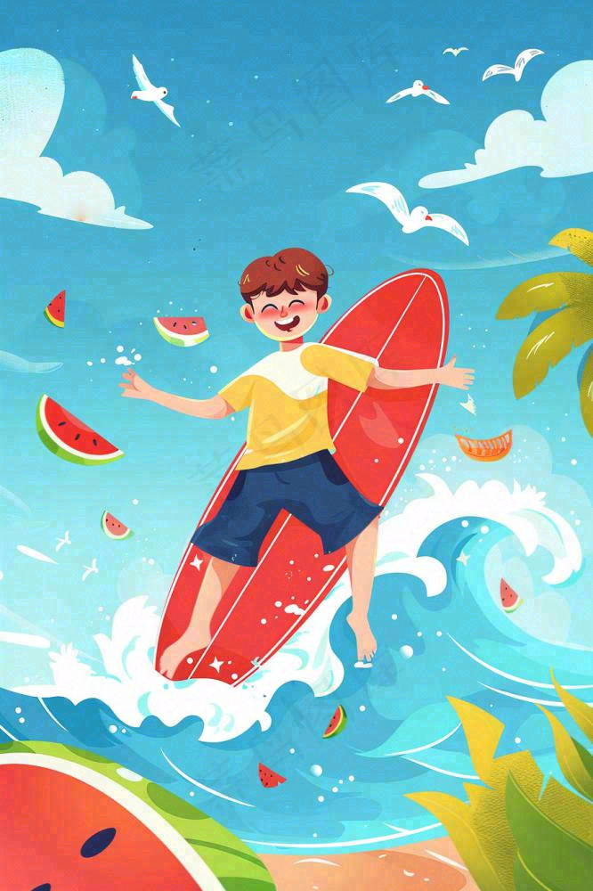 夏日炎热冲浪运动男孩西瓜清凉海鸥立夏夏至小暑大暑卡通插画背景