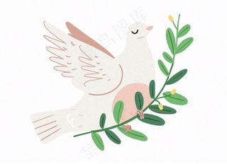 飞鸽携绿枝白鸽和平卡通插画免抠