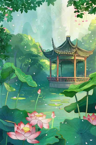 夏日江南苏式园林荷花池塘凉亭树荫阳光立夏夏至处暑插画背景