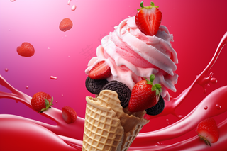 夏日草莓冰淇淋清凉蛋筒甜点摄影图