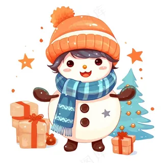 圣诞雪人蓝色橘色帽子围巾卡通插画免抠