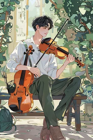 花丛绿叶下的吉他小提琴少年插画背景