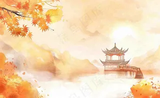 唯美古风建筑枫叶亭子秋天植物山水风景立秋处暑秋分中国风水彩手绘背景