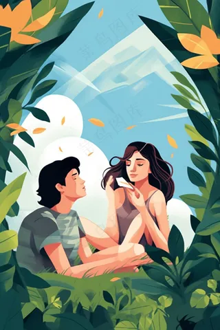 情侣坐着绿色植物中游玩卡通插画背景