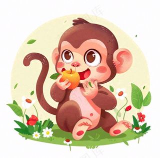 猴子吃苹果丛林植物动物卡通插画免抠