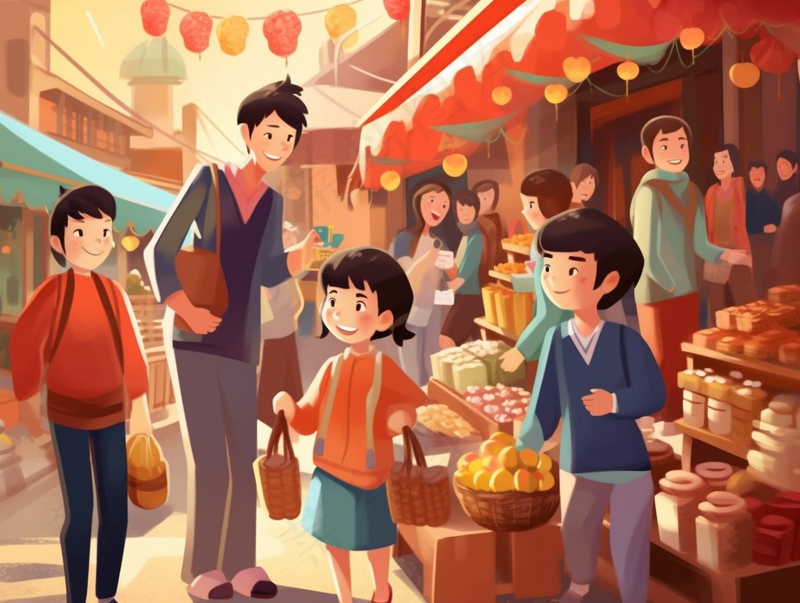 新年春节逛集市逛街热闹买年货喜庆卡通插画背景(3696x2784)