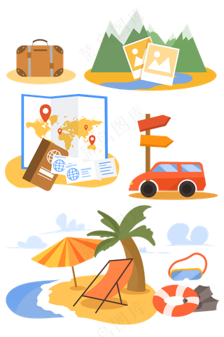 旅行旅游沙滩地图汽车扁平元素
