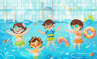 蓝色儿童夏天游泳池插画卡通夏日立夏夏至大暑小暑游泳插画背景