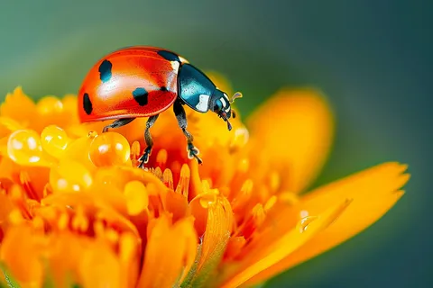 七星瓢虫在菊花上花朵摄影图