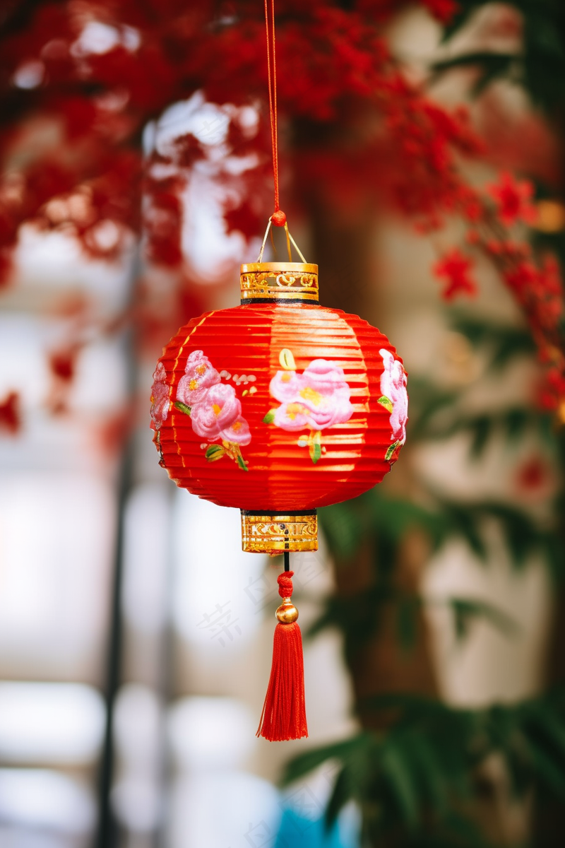 树梢挂着红灯笼花树中式节日摄影图(2688x4032)