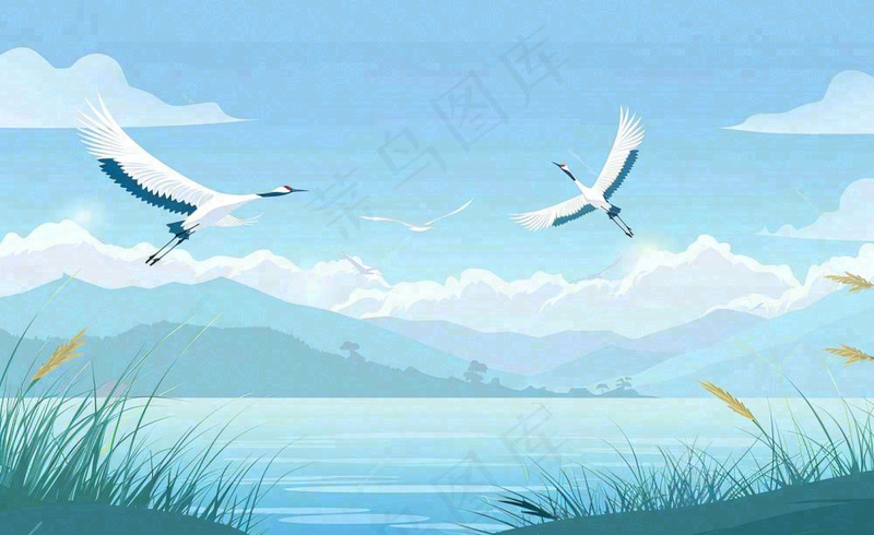 白露芦苇山水飞鹤插画蓝色唯美卡通插画背景(1408x864)