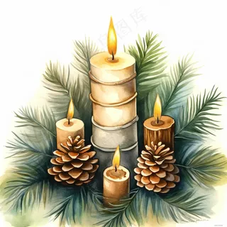 蜡烛松针松果水彩插画插图背景