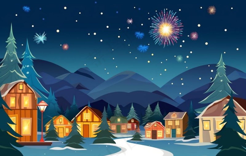 冬季雪天圣诞小镇烟花夜晚节日氛围卡通插画背景(1360x864)