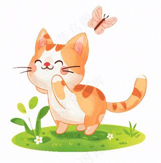 可爱的猫咪宠物草丛扑蝴蝶卡通插画免抠