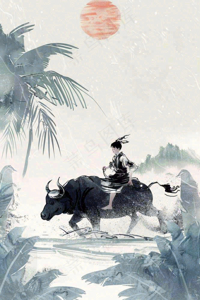 清明牧童人水墨画山水插画背景