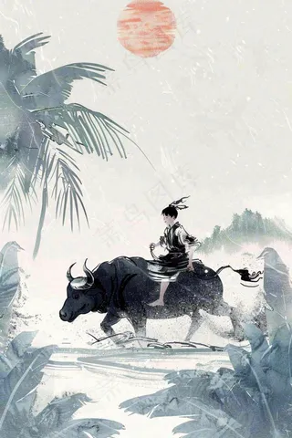 清明牧童人水墨画山水插画背景