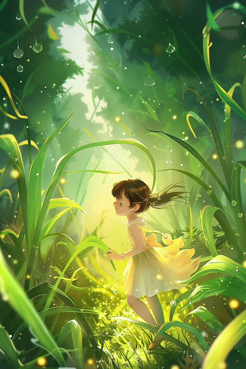 森林草丛的小精灵闪闪发光卡通插画背景(2688x4032)
