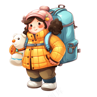 卡通手绘冬季旅行人物背包旅游拍照人物