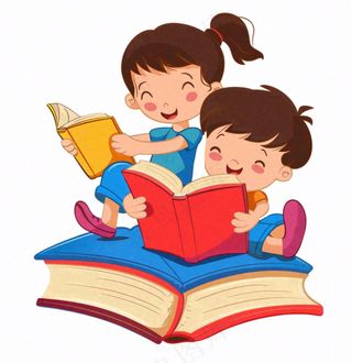 坐着书本上的学生阅读看书人物卡通插画免抠