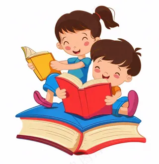 坐着书本上的学生阅读看书人物卡通插画免抠