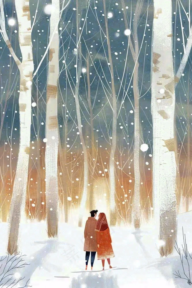 冬天森林里的情侣相拥赏雪白桦树白雪立冬小雪冬至卡通插画背景(896x1344)