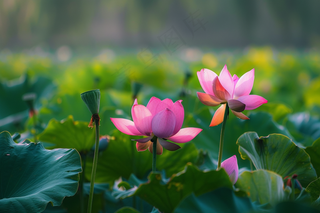 夏日荷花荷叶摄影图