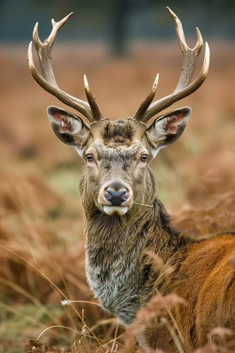 a close up of a deer in a field, a picture by Robert Brackman, pixabay, fine art, deer portrait, horns on its head, frontal portrait (2688x4032)