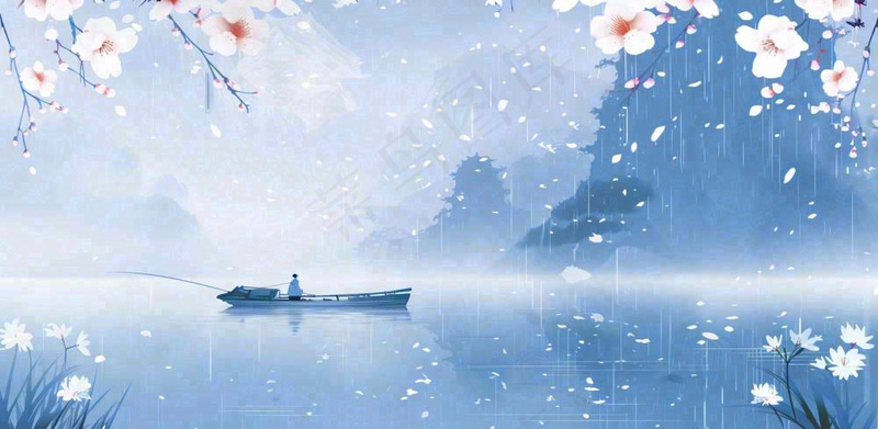 雨水春分背景清明清明节清明节唯美古风意境山水风景插画海报背景(1568x768)