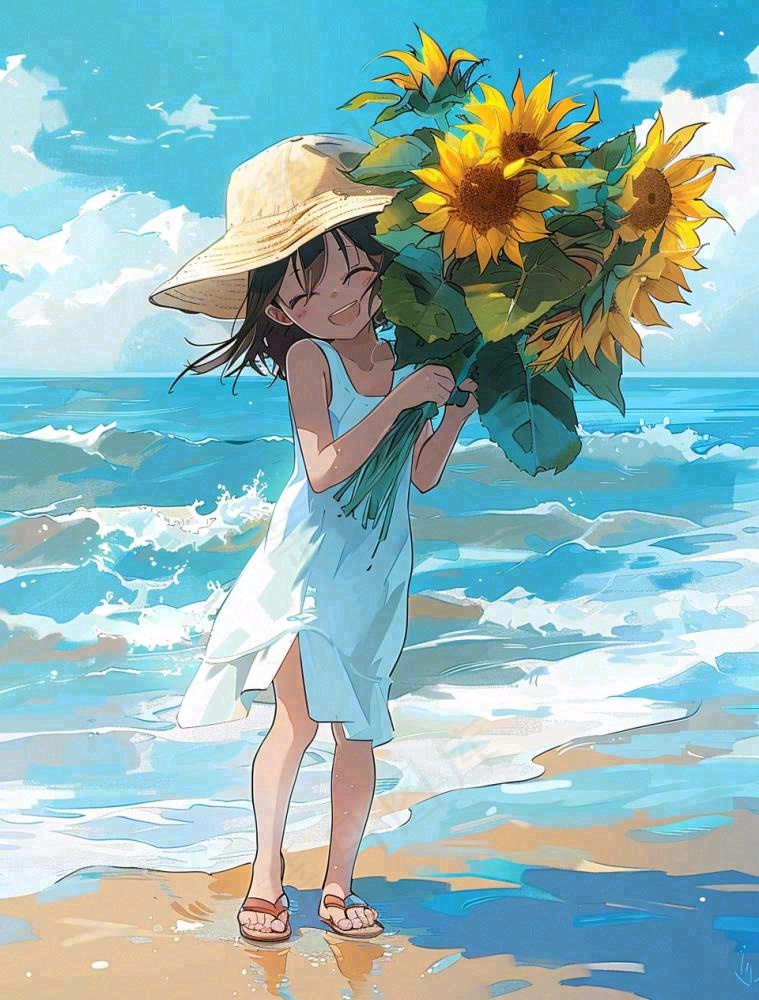 夏日海边女孩抱着一大束向日葵花束旅游游玩立夏夏至卡通插画背景