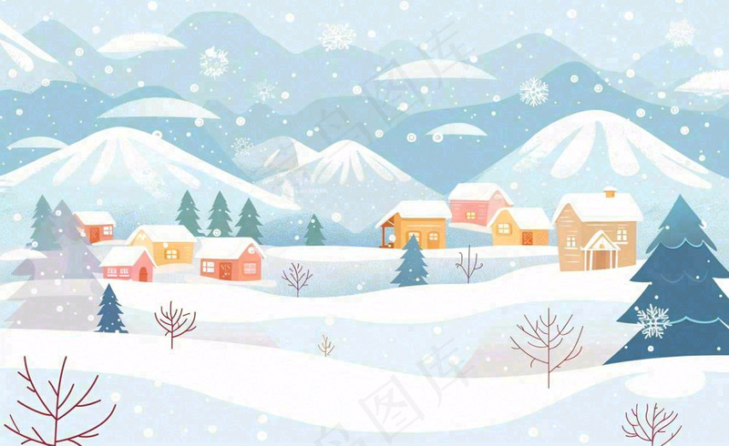 立冬冬至雪山森林山脚下的小镇白雪卡通插画背景(1408x864)