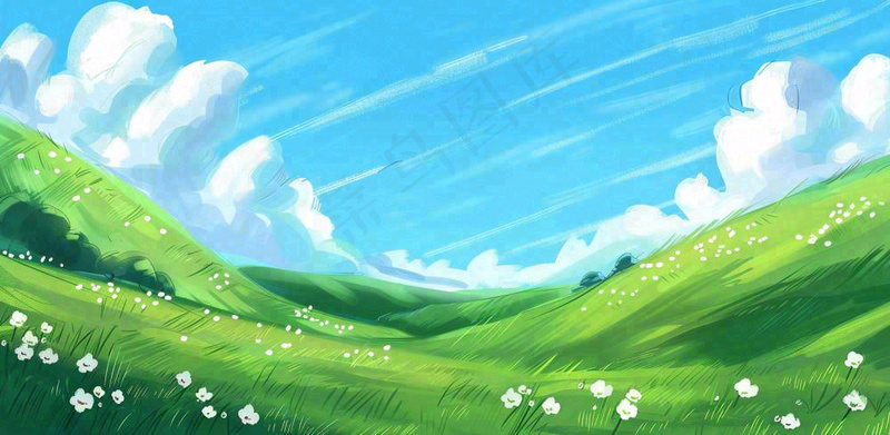 立春 春天背景立春 春天插画春天唯美天空蓝天白云草地手绘风景插画背景(1568x768)